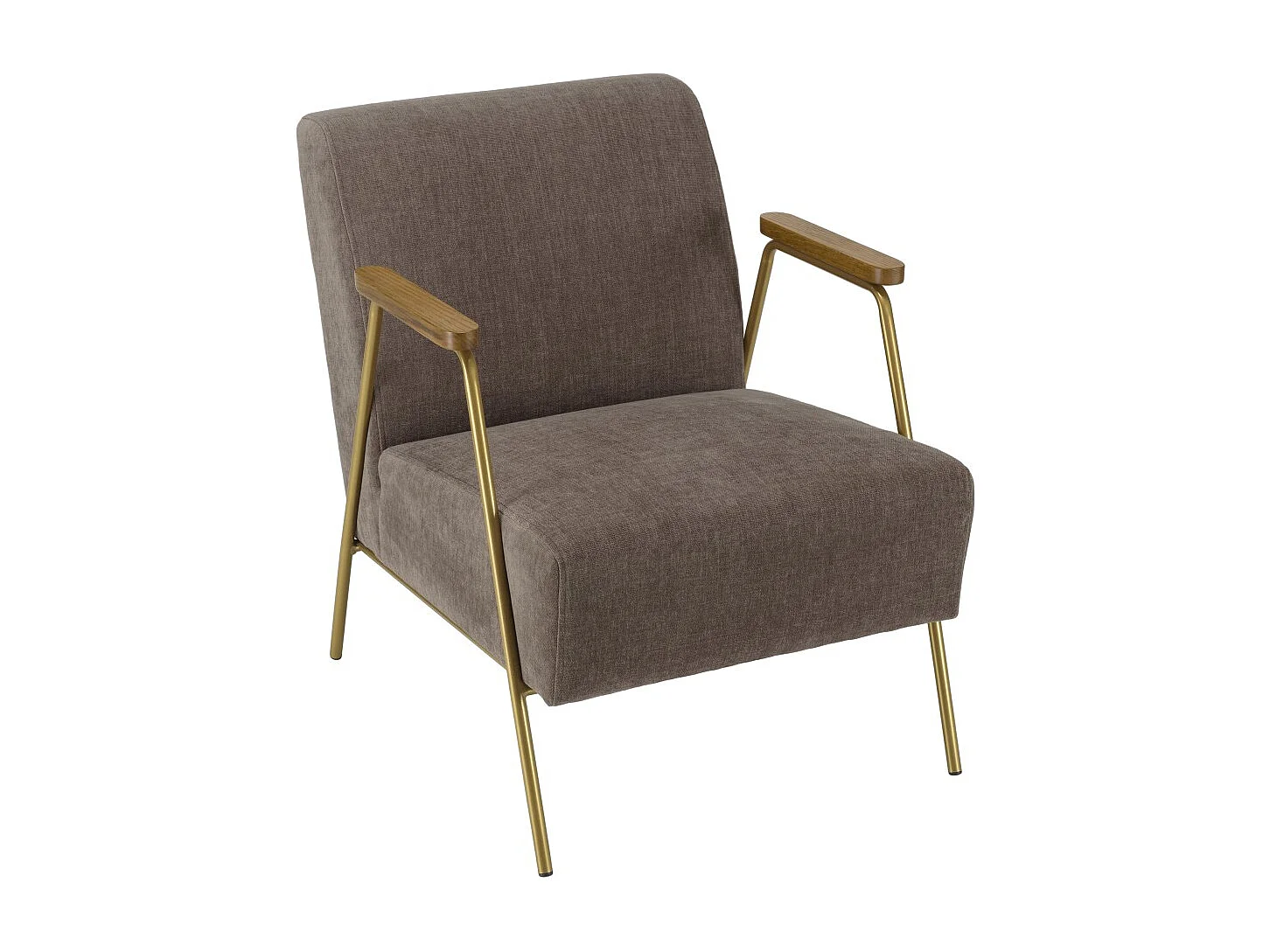 AGATHE - Fauteuil lounge pieds doré accoudoirs bois et tissu taupe