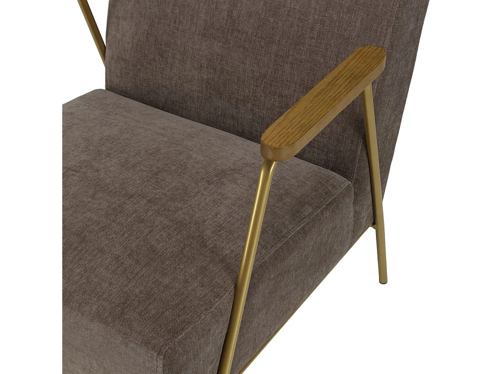 AGATHE - Fauteuil lounge pieds doré accoudoirs bois et tissu taupe