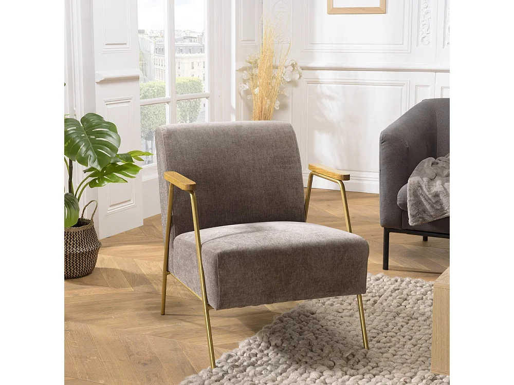 AGATHE - Fauteuil lounge pieds doré accoudoirs bois et tissu taupe