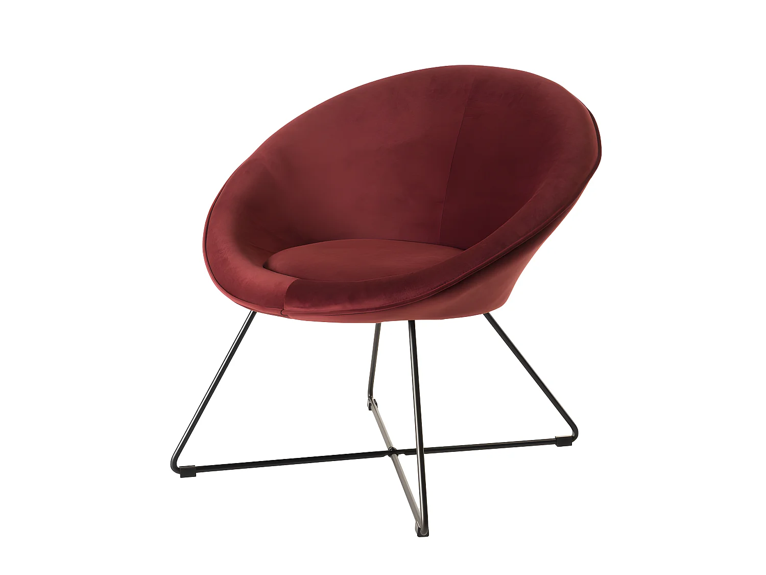 ALBANE - Fauteuil cocooning tissu velours bordeaux pieds croisés métal