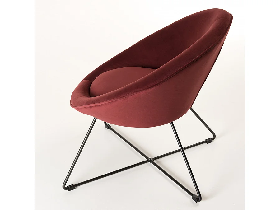 ALBANE - Fauteuil cocooning tissu velours bordeaux pieds croisés métal