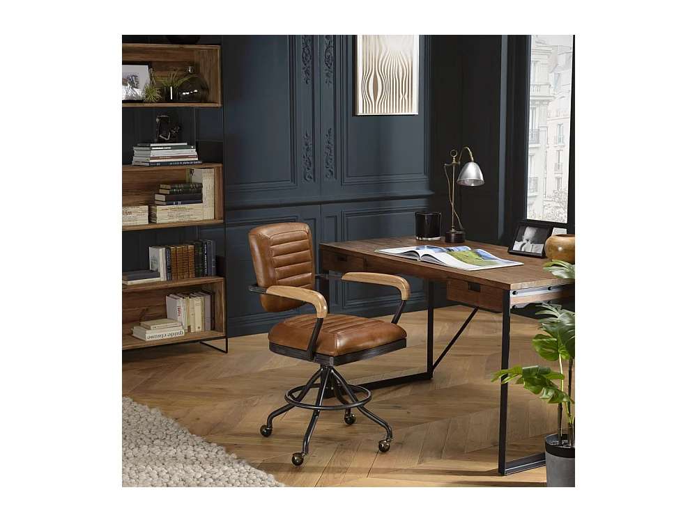 GASTON - Fauteuil DESK vintage cuir marron et métal noir à roulettes accoudoirs en bois