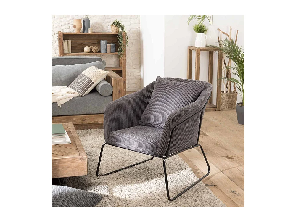 AGATHE - Fauteuil tissu velours cotelé gris anthracite pieds évasés métal