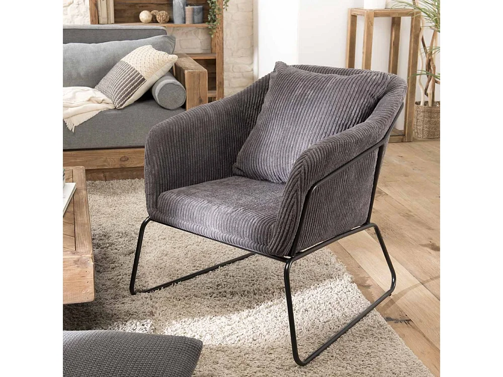 AGATHE - Fauteuil pieds évasés métal et tissu velours cotelé gris