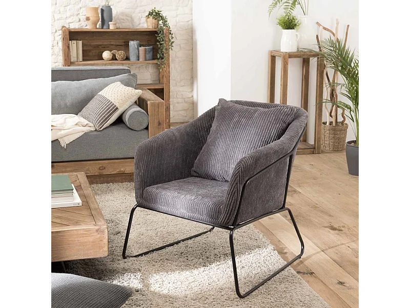 AGATHE - Fauteuil pieds évasés métal et tissu velours cotelé gris
