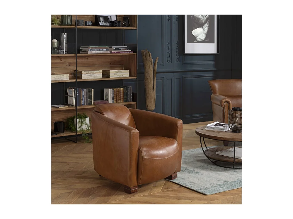 GASTON - Fauteuil marron CHICAGO vintage cuir pieds bois