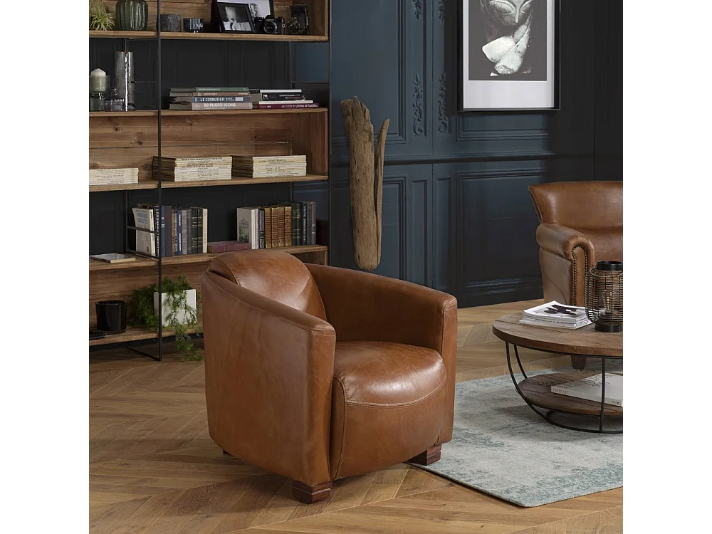 GASTON - Fauteuil CHICAGO vintage cuir marron pieds bois