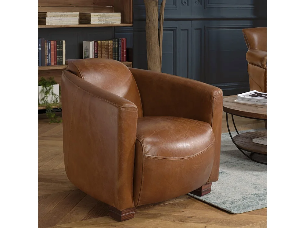 GASTON - Fauteuil CHICAGO vintage cuir marron pieds bois