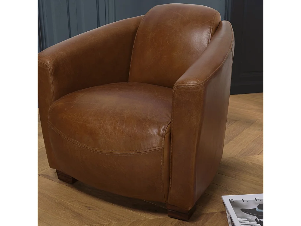GASTON - Fauteuil CHICAGO vintage cuir marron pieds bois