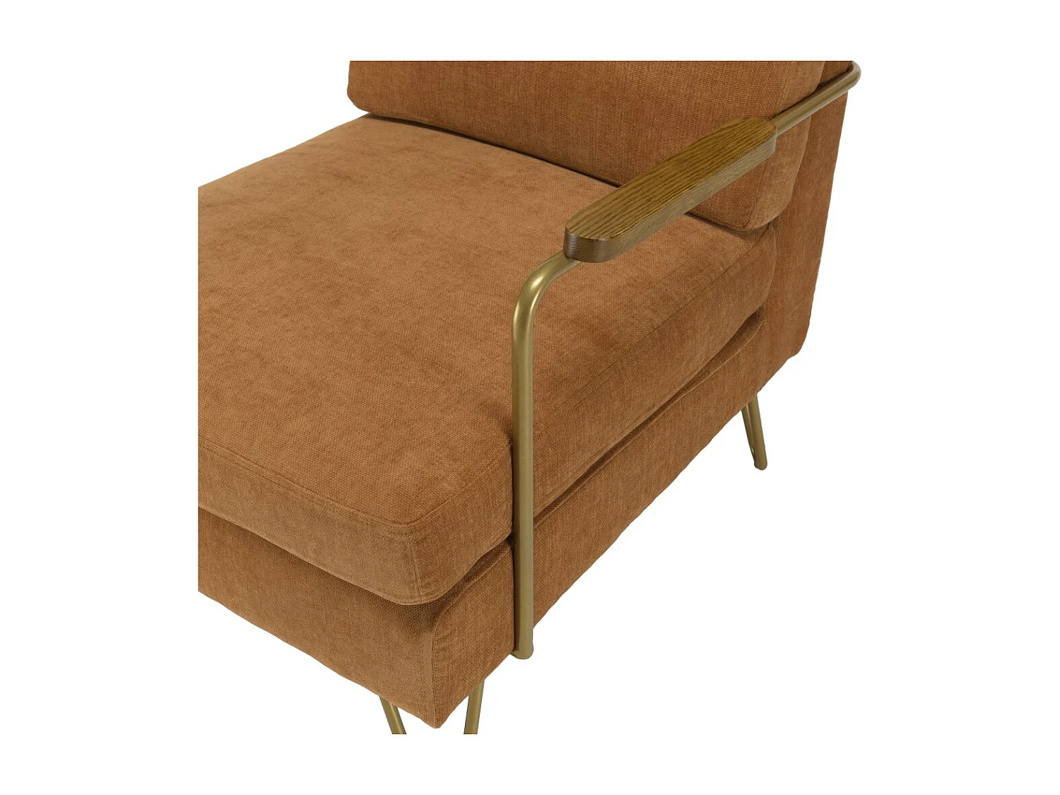 AGATHE - Fauteuil lounge accoudoirs bois, pieds doré et tissu orange