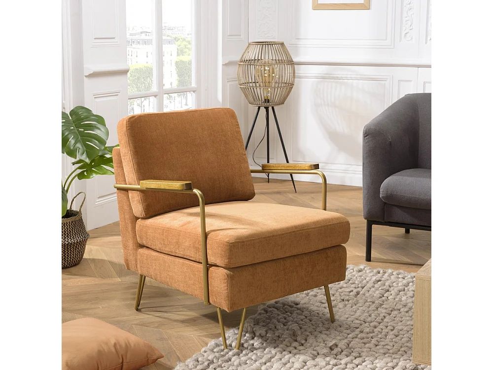 AGATHE - Fauteuil lounge accoudoirs bois, pieds doré et tissu orange