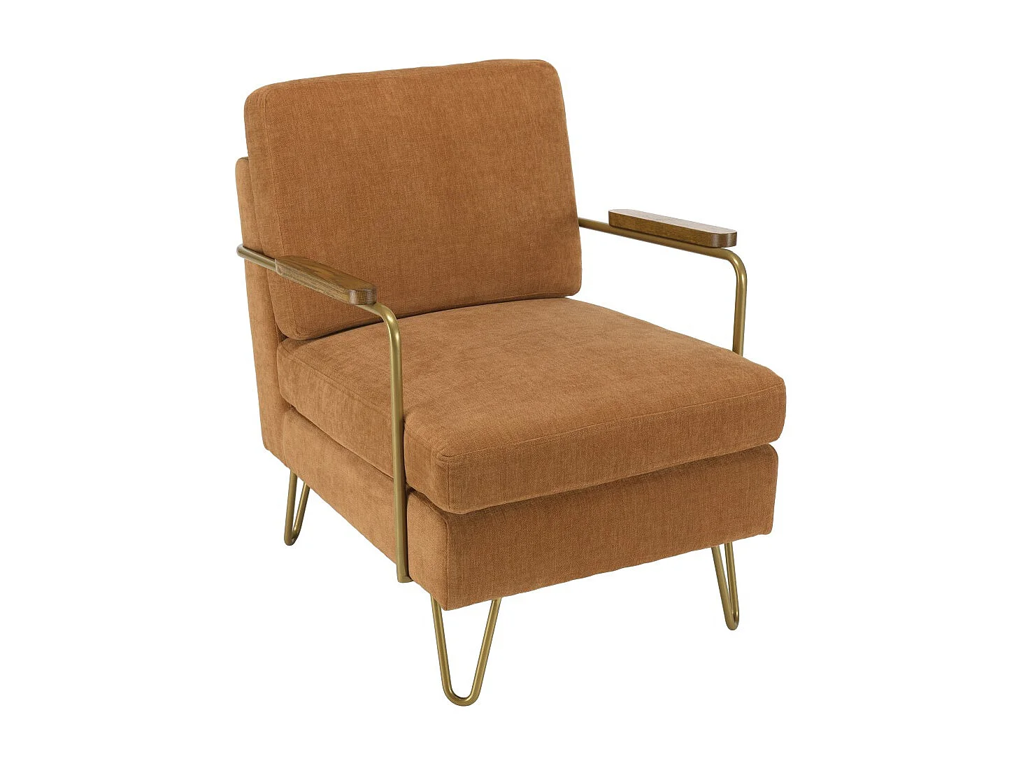 AGATHE - Fauteuil lounge accoudoirs bois, pieds doré et tissu orange