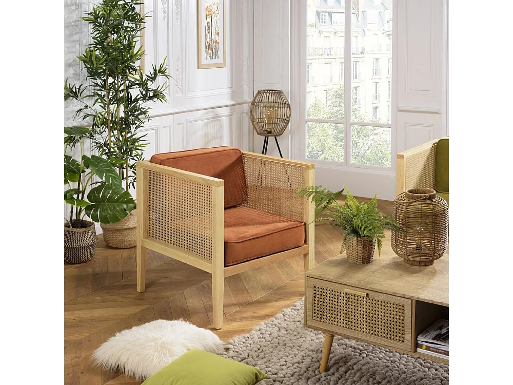 AGATHE - Fauteuil cannage assise amovible velours orange