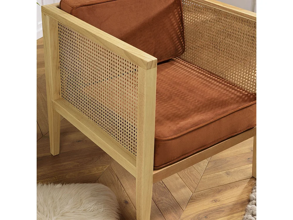 AGATHE - Fauteuil cannage assise amovible velours orange