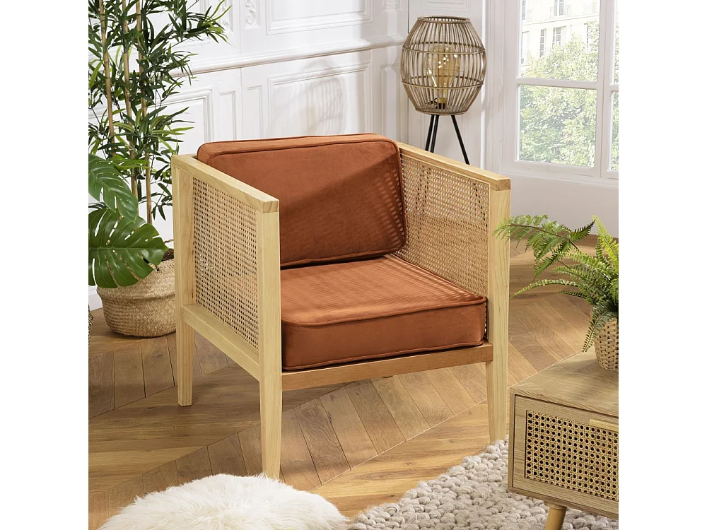 AGATHE - Fauteuil cannage assise amovible velours orange