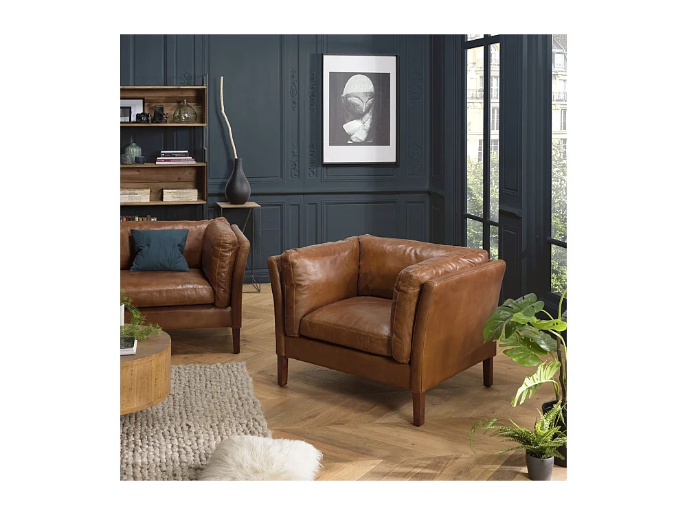 GASTON - Fauteuil marron MILANO vintage cuir 1 place pieds bois