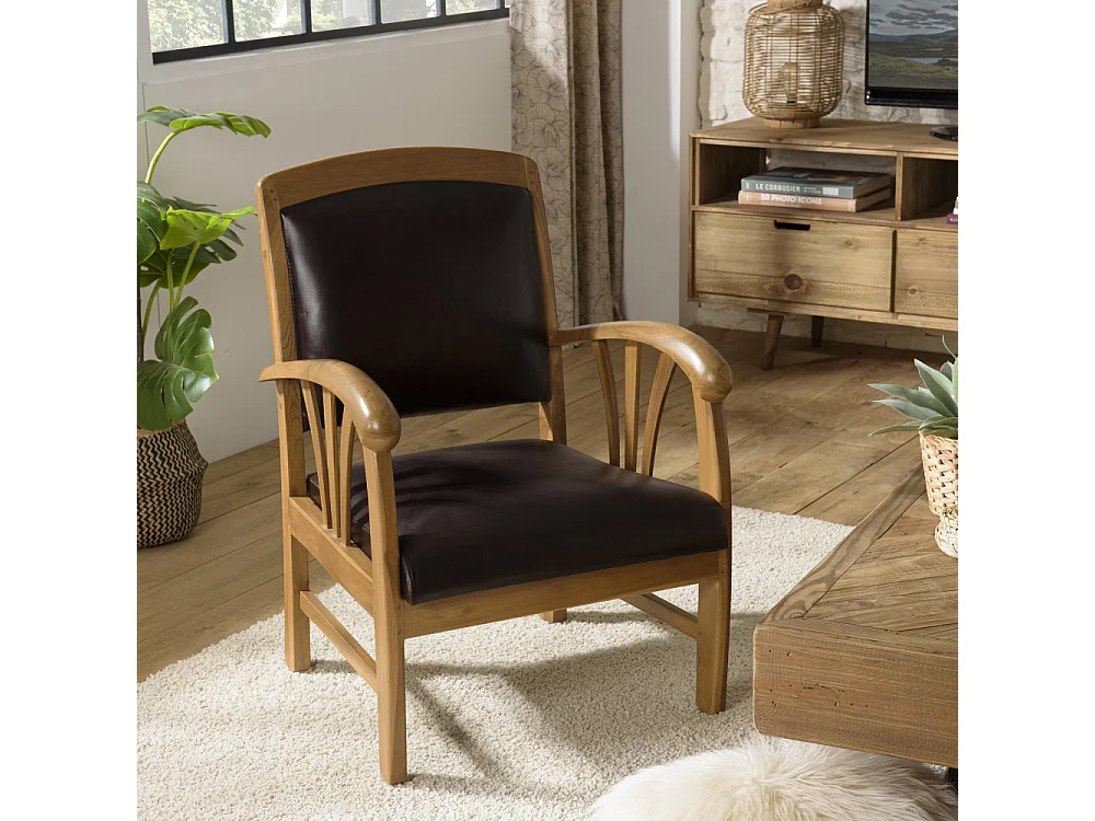 DAK - Fauteuil en bois de teck et cuir marron