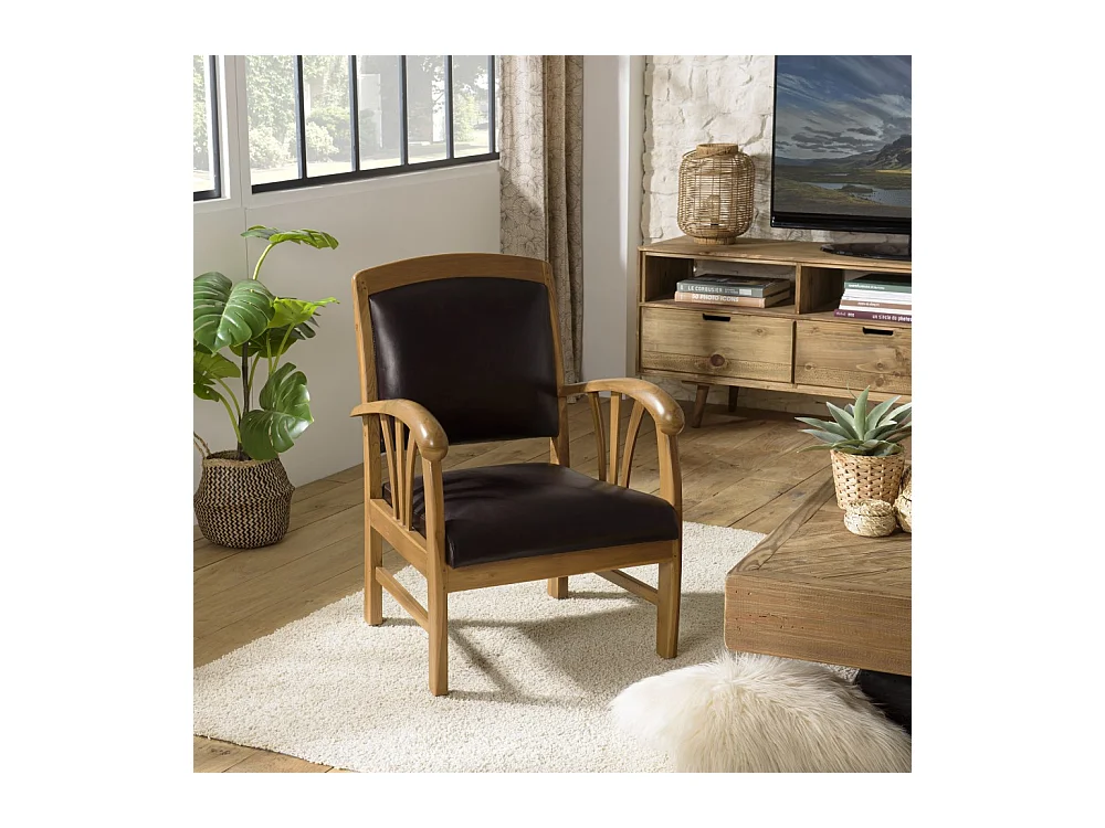 DAK - Fauteuil en bois de teck et cuir marron