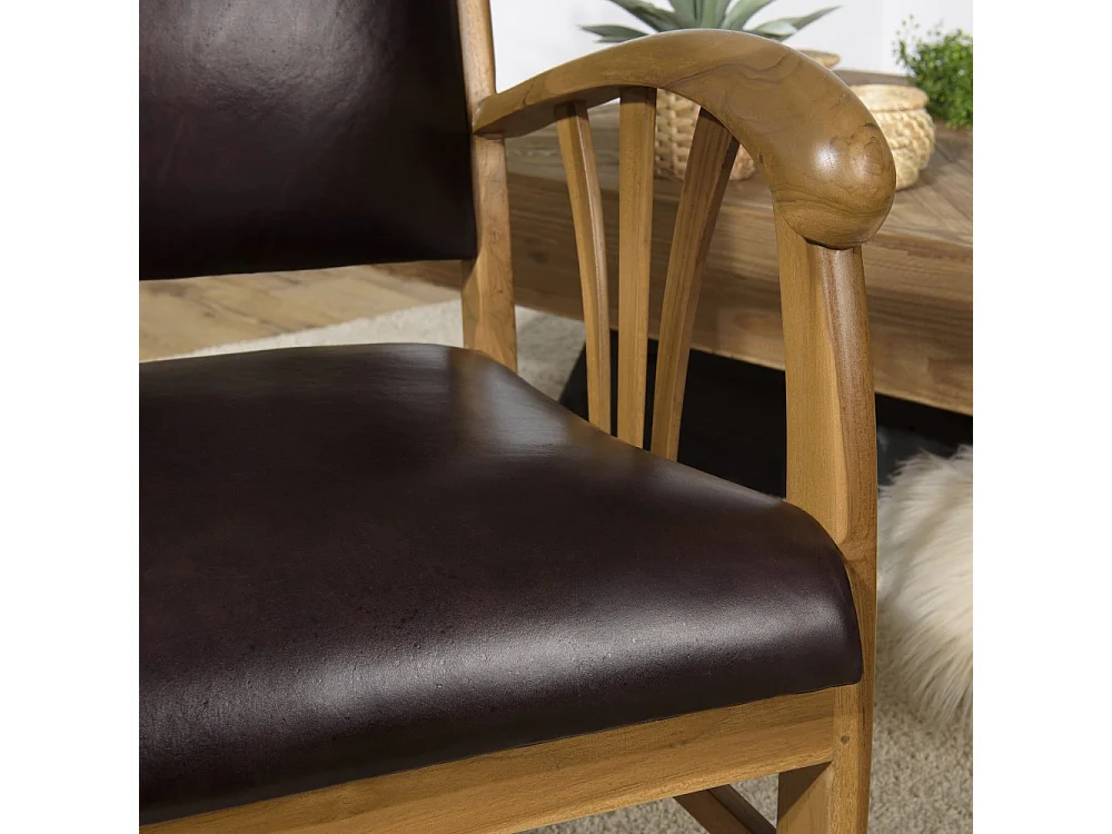 DAK - Fauteuil en bois de teck et cuir marron