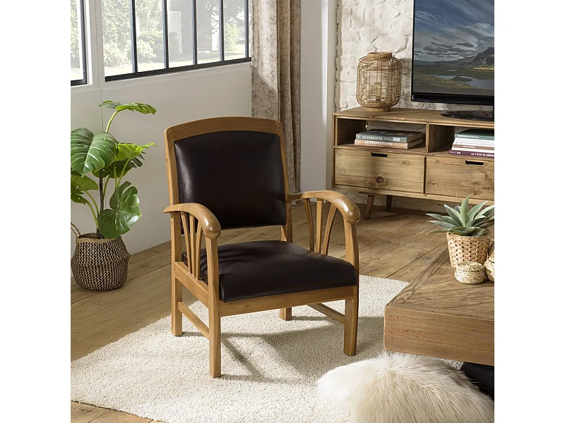 DAK - Fauteuil en bois de teck et cuir marron