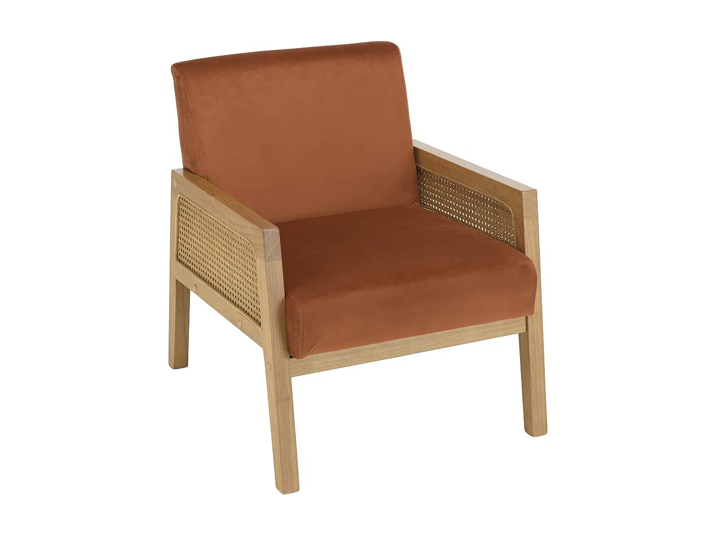 AGATHE - Fauteuil pieds bois accoudoirs rotin et velours orange