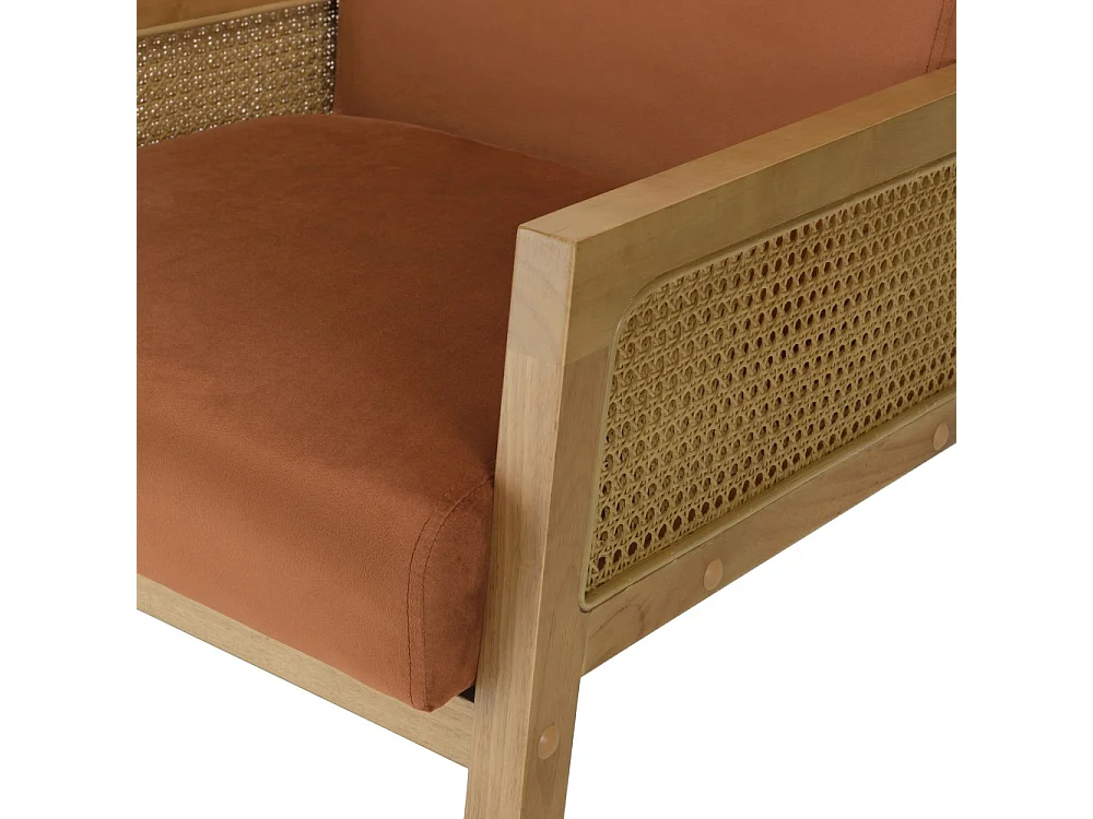 AGATHE - Fauteuil pieds bois accoudoirs rotin et velours orange