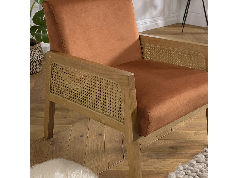 AGATHE - Fauteuil pieds bois accoudoirs rotin et velours orange
