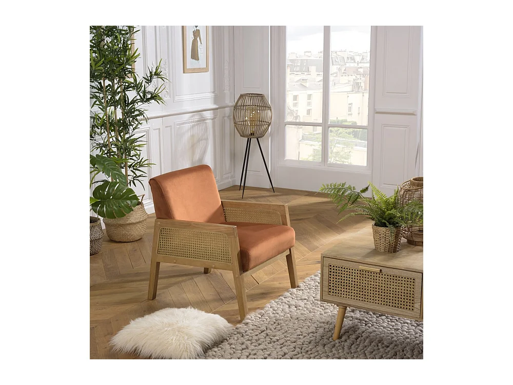 AGATHE - Fauteuil velours orange pieds bois et accoudoirs rotin
