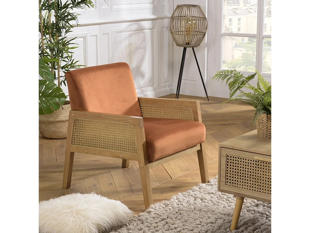 AGATHE - Fauteuil pieds bois accoudoirs rotin et velours orange