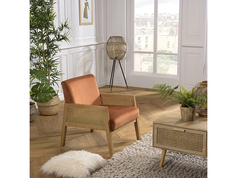 AGATHE - Fauteuil pieds bois accoudoirs rotin et velours orange