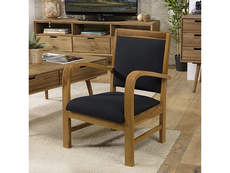 DAK - Fauteuil scandi en bois de teck et tissu noir