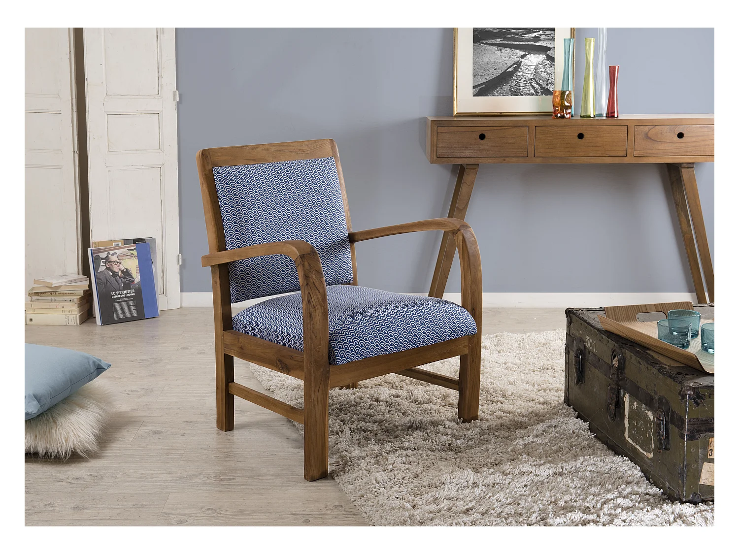 DAK - Fauteuil bois teck tissu bleu scandi