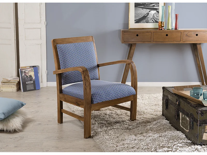 DAK - Fauteuil bois teck tissu bleu scandi