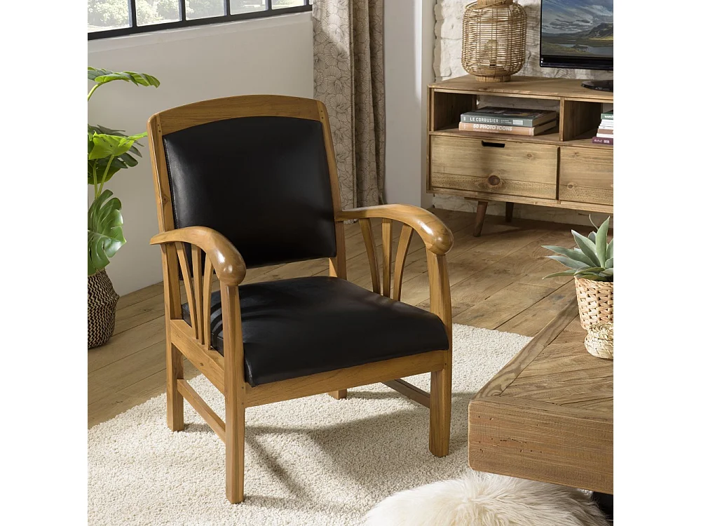 DAK - Fauteuil en bois de teck et cuir noir