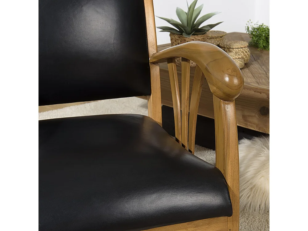 DAK - Fauteuil en bois de teck et cuir noir