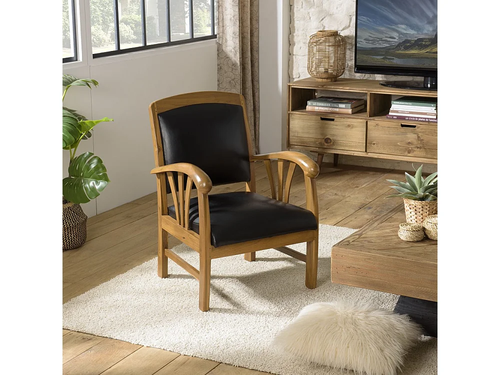 DAK - Fauteuil en bois de teck et cuir noir