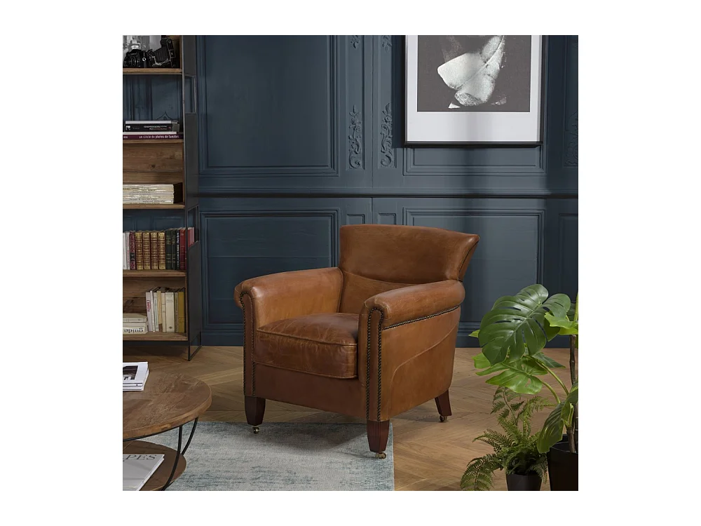GASTON - Fauteuil marron VERONE vintage cuir pieds bois avec roulettes