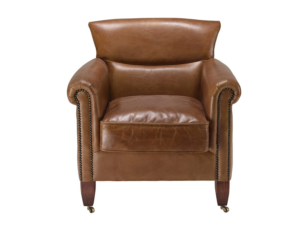 GASTON - Fauteuil VERONE vintage cuir marron pieds bois avec roulettes