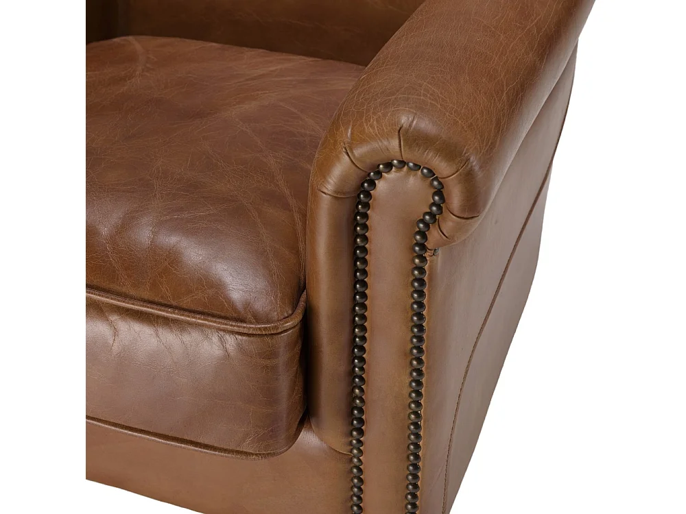 GASTON - Fauteuil VERONE vintage cuir marron pieds bois avec roulettes