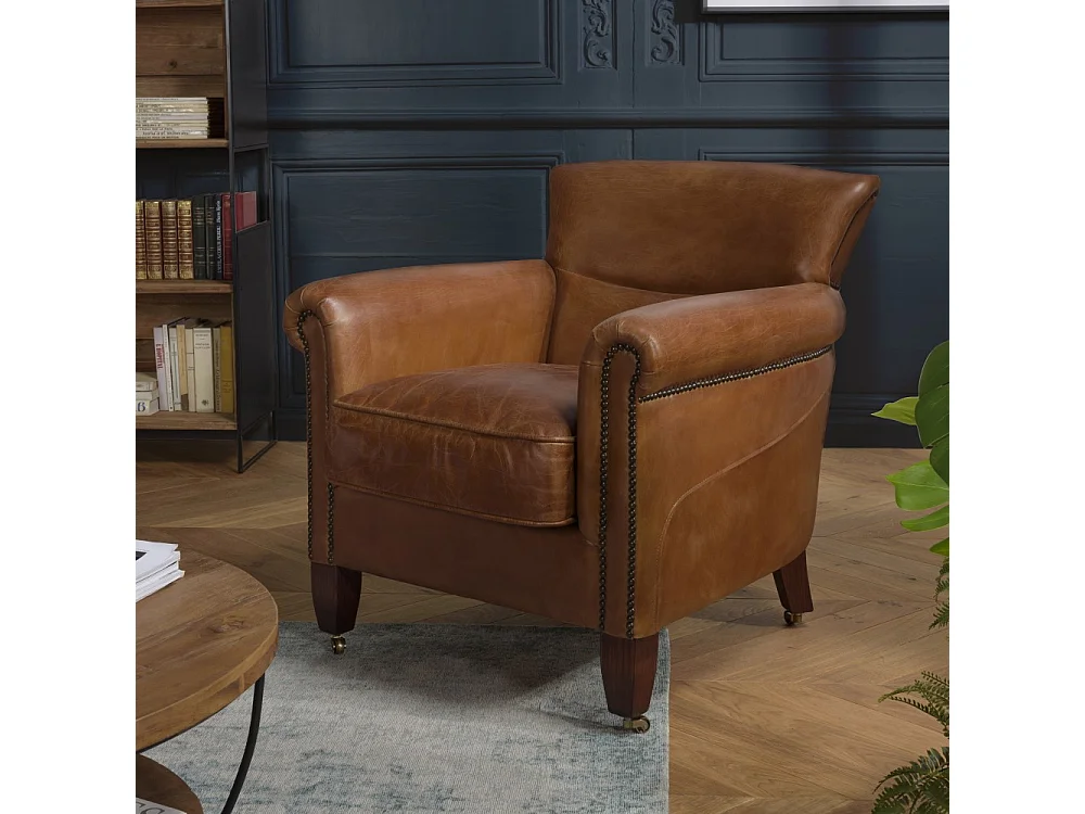 GASTON - Fauteuil VERONE vintage cuir marron pieds bois avec roulettes