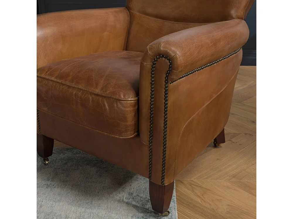 GASTON - Fauteuil VERONE vintage cuir marron pieds bois avec roulettes