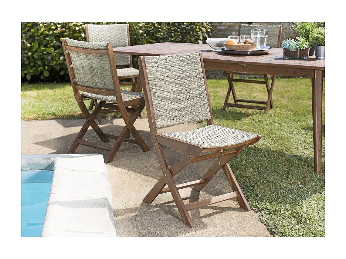 VICK - Ensemble de 2 chaises de jardin pliantes bois Acacia et rotin