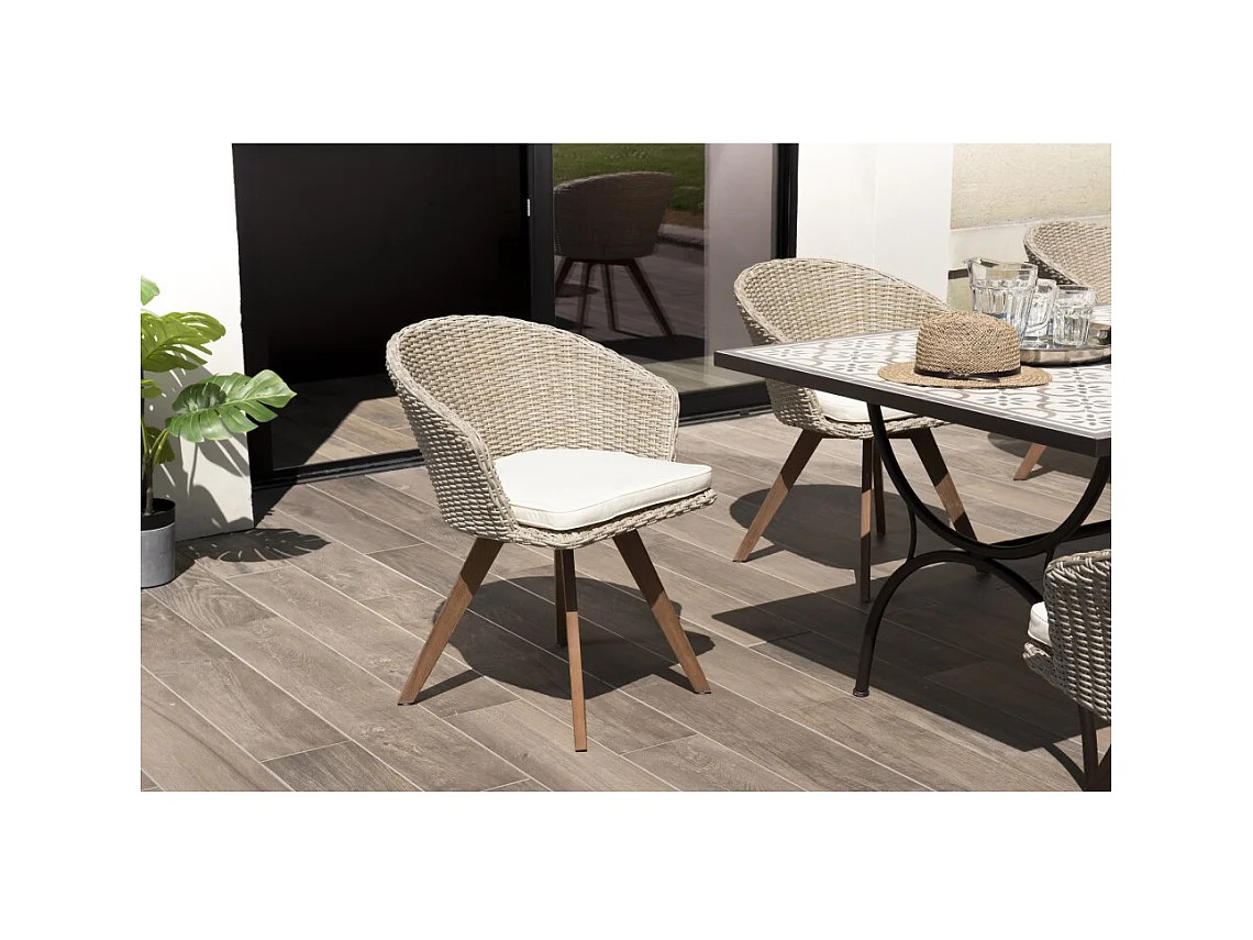 VICK - Chaise de jardin en rotin en bois Acacia et coussin blanc