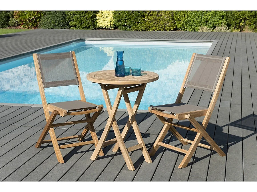 HARRIS - SALON DE JARDIN EN BOIS TECK 2 pers - 1 Table ronde pliante 60 cm et 2 chaises textilène couleur taupe