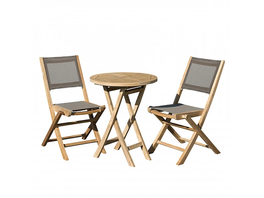 HARRIS - SALON DE JARDIN EN BOIS TECK 2 pers - 1 Table ronde pliante 60 cm et 2 chaises textilène couleur taupe