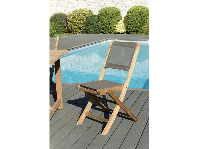 HARRIS - SALON DE JARDIN EN BOIS TECK 2 pers - 1 Table ronde pliante 60 cm et 2 chaises textilène couleur taupe