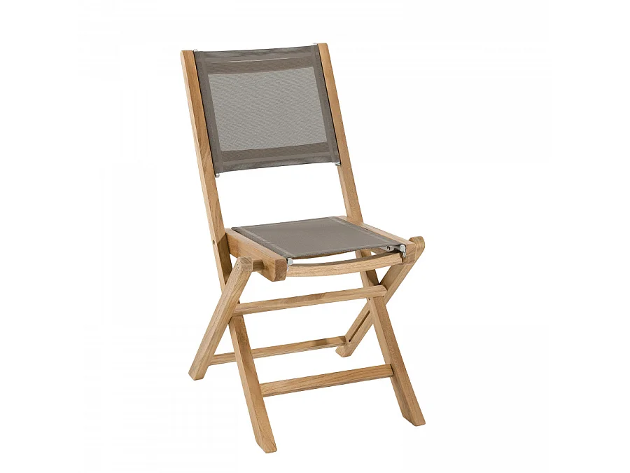 HARRIS - SALON DE JARDIN EN BOIS TECK 2 pers - 1 Table ronde pliante 60 cm et 2 chaises textilène couleur taupe