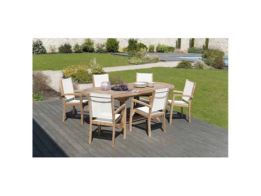 HARRIS - SALON DE JARDIN EN BOIS TECK 8/10 pers. - 1 Table ovale extensible 180*240/100cm et 6 fauteuils textilène