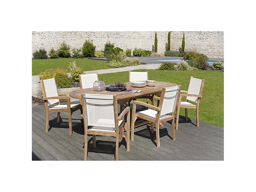 HARRIS - SALON DE JARDIN EN BOIS TECK 8/10 pers. - 1 Table ovale extensible 180*240/100cm et 6 fauteuils textilène
