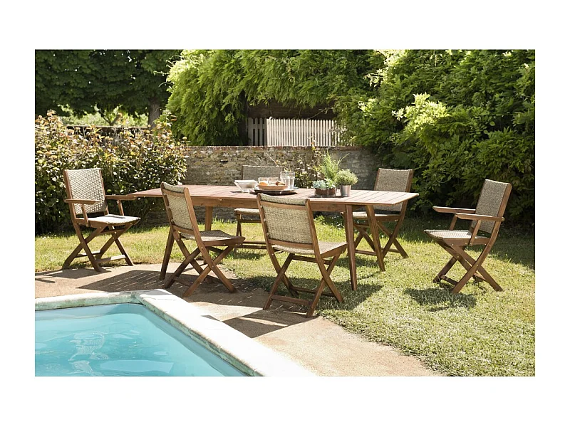 VICK - Ensemble de jardin bois table ext. 4 chaises + 2 fauteuils
